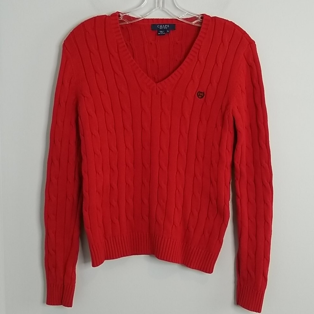 CHAPS Red V-neck Cable Knit Sweater Small